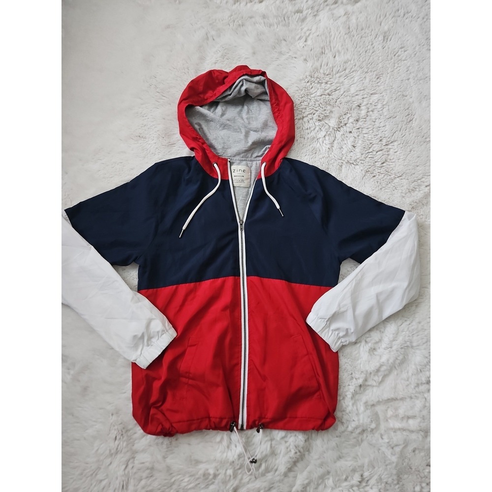 Zine Men's M Red White Blue Color Block Streetwear Skate Hoodie Jacket Full Zip